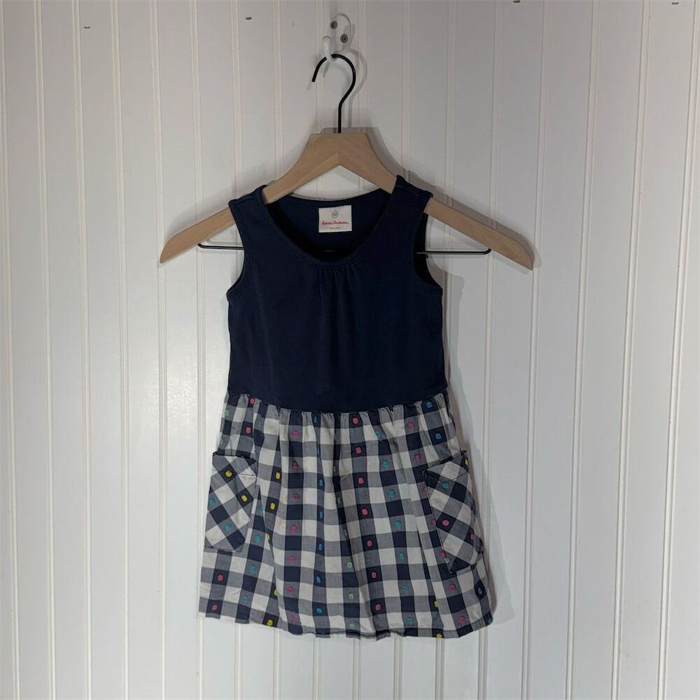 Hanna Andersson Girls Dress Size 100‎ Navy Gingham Pockets Cotton Play Dress
